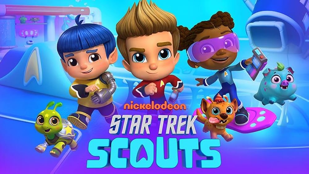 Official Nickelodeon Star Trek Scouts title card showing the animated cast: three young cadets in Starfleet uniforms, a green insect alien, a small spotted dog-like alien, and a blue pig-like alien creature, with the show's logo reading 'nickelodeon STAR TREK SCOUTS' in bold letters