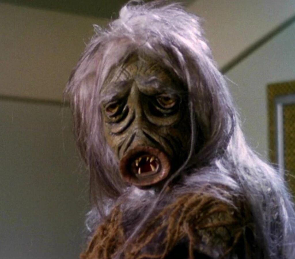 Close-up of the M-113 creature known as the Salt Vampire in its true alien form, showing multiple dark eyes, wrinkled greenish-grey skin, jagged teeth, and a shaggy mane of grey hair, from Star Trek: The Original Series episode 'The Man Trap'
