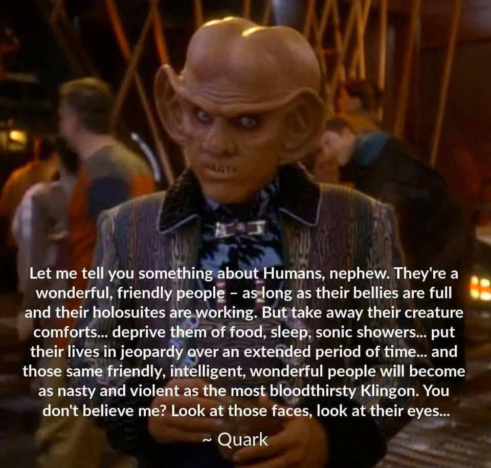 Quark the Ferengi bartender with an overlaid quote about human nature, from Star Trek: Deep Space Nine