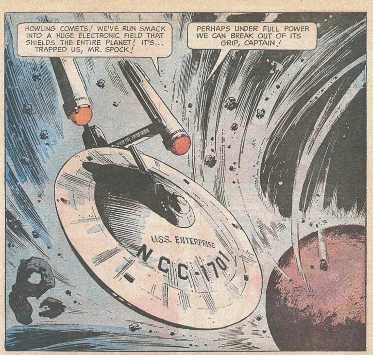 A dramatic vintage Star Trek Gold Key comic panel showing the USS Enterprise trapped in a massive electronic field surrounding a planet, with Kirk exclaiming 'Howling Comets!' and Spock suggesting full power to break free