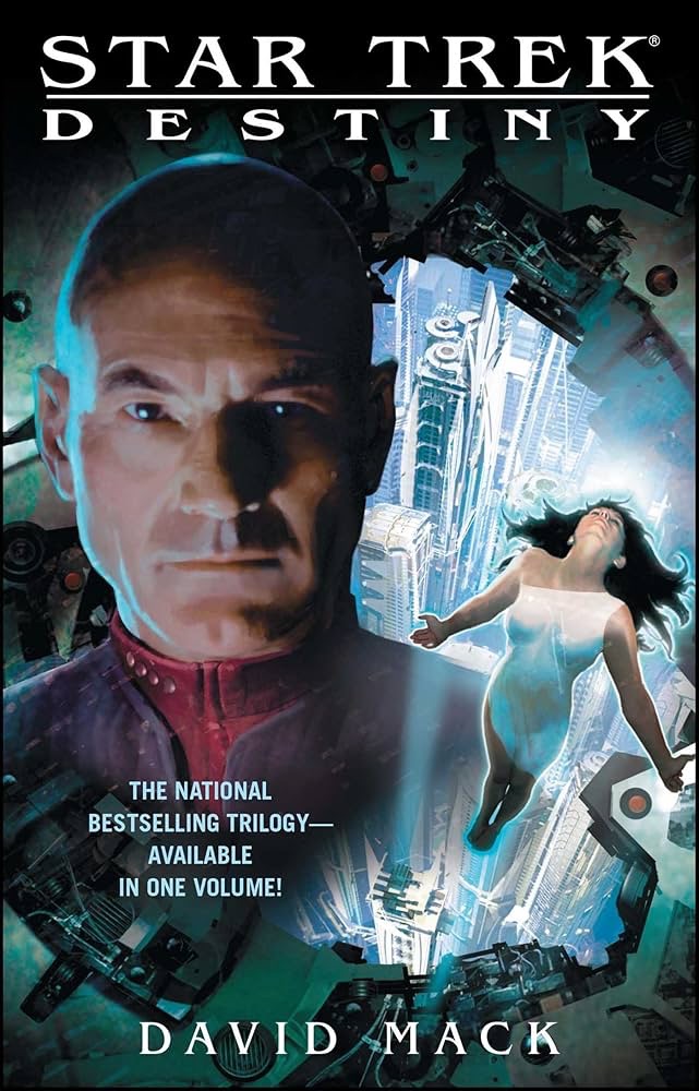 Book cover for Star Trek: Destiny omnibus by David Mack, featuring Captain Picard and a glowing female figure above Borg technology, described as 'the national bestselling trilogy'