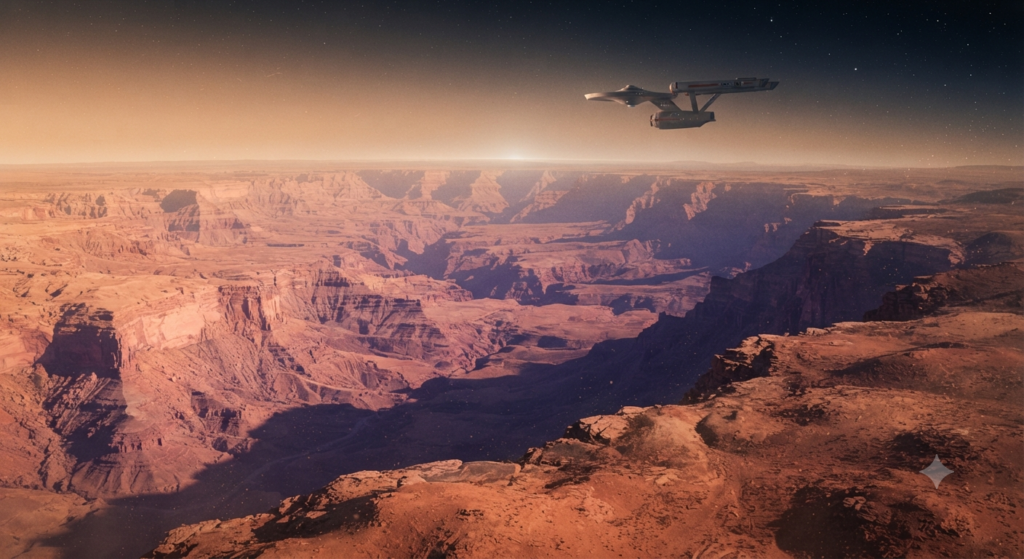 The starship Enterprise flies just above a canyon on earth from Star Trek: Strange New Worlds season four episode one Valles Marineris.