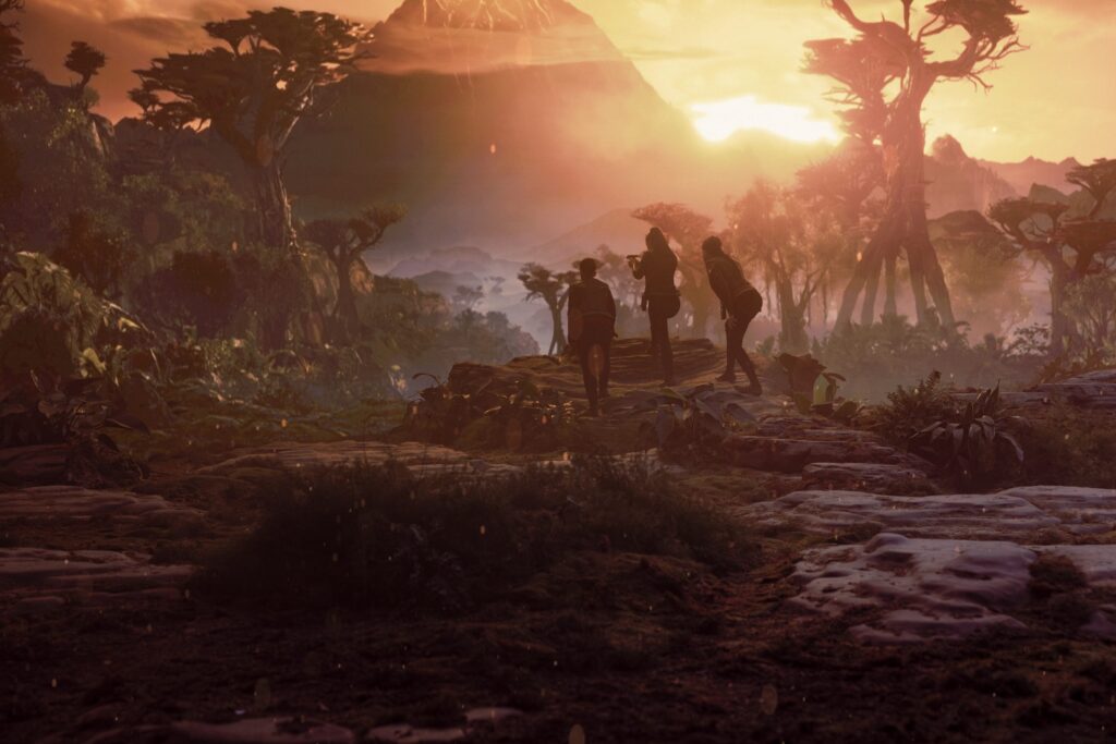 Una Chin-Riley, Erica Ortegas and La'an Noonien-Singh explore thrugh forrest area from Star Trek: Strange New Worlds season four episode one Valles Marineris.