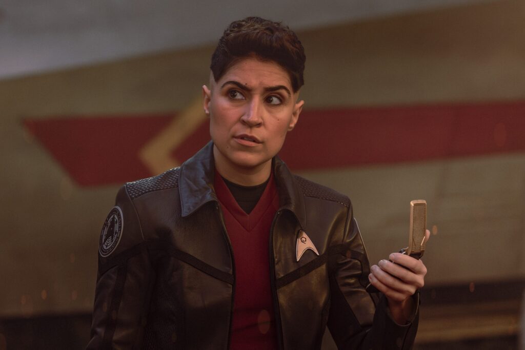Erica Ortegas on the comms device From Star Trek: Strange New Worlds season four episode one Valles Marineris.