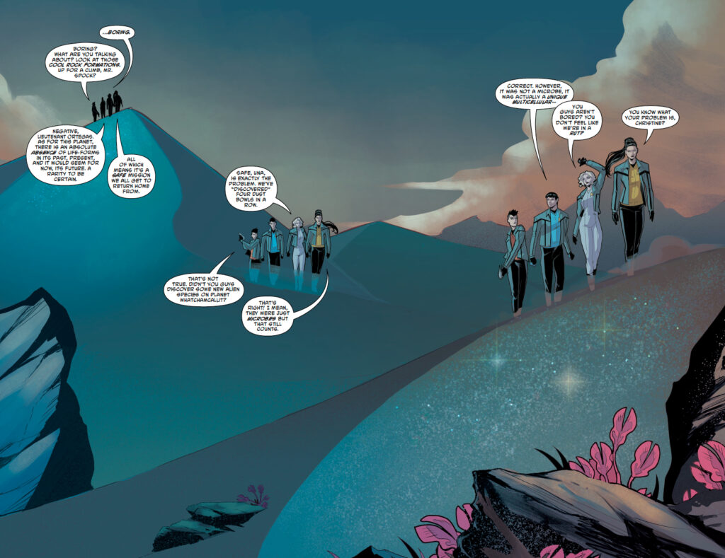Chapel, Una, Spock, and members of the Enterprise away team cross an alien landscape while discussing recent uneventful exploration missions.