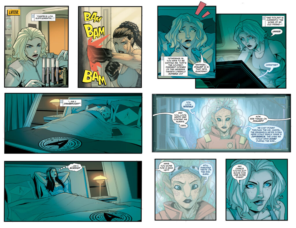 Christine Chapel contacts her old friend Jinare, who explains her research on the frozen world of Poilant.