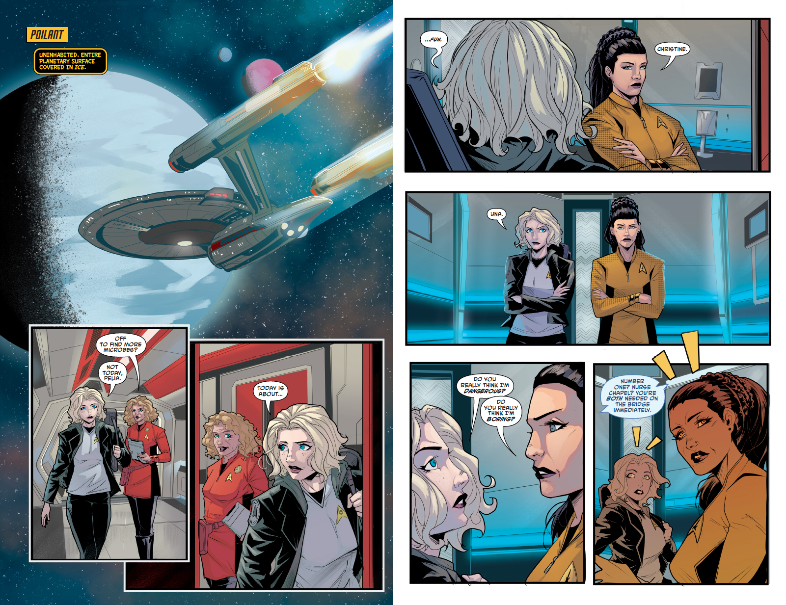 The USS Enterprise arrives above the frozen planet Poilant before a rescue mission begins.